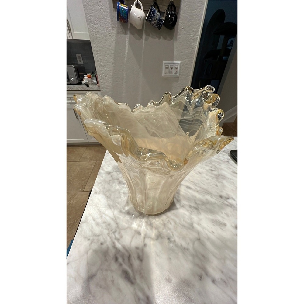 Hand Blown Art Glass Handkerchief Vase Iridescent Cream Gold Ruffled Rim 10in